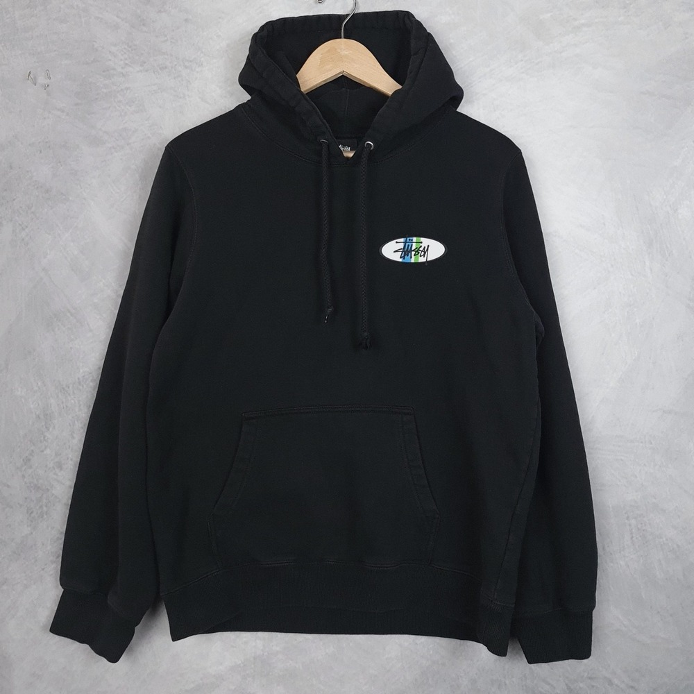 Stussy Hoodie Mens Large Black Oval Logo Fleece Pullover Graphic Back Hit - Picture 2 of 16